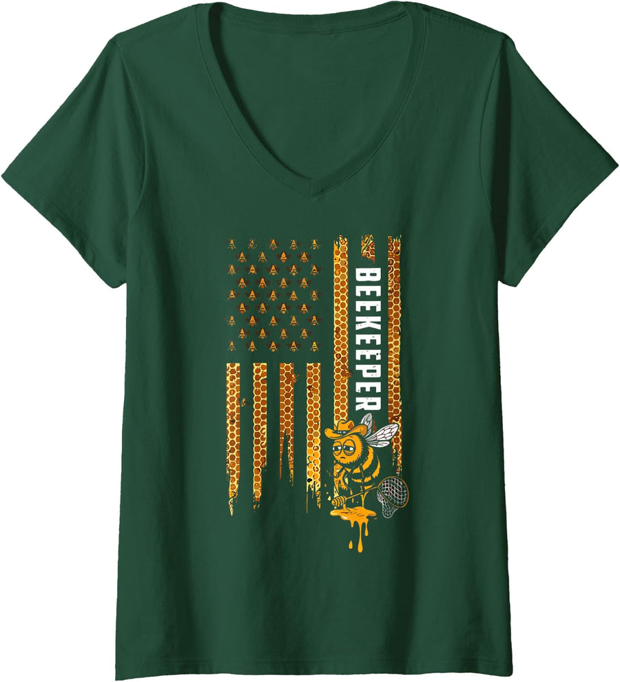 Women's USA Beekeeping Honey American Flag Honeycomb Bees Beekeeper V-Neck T-Shirt - Dark Green