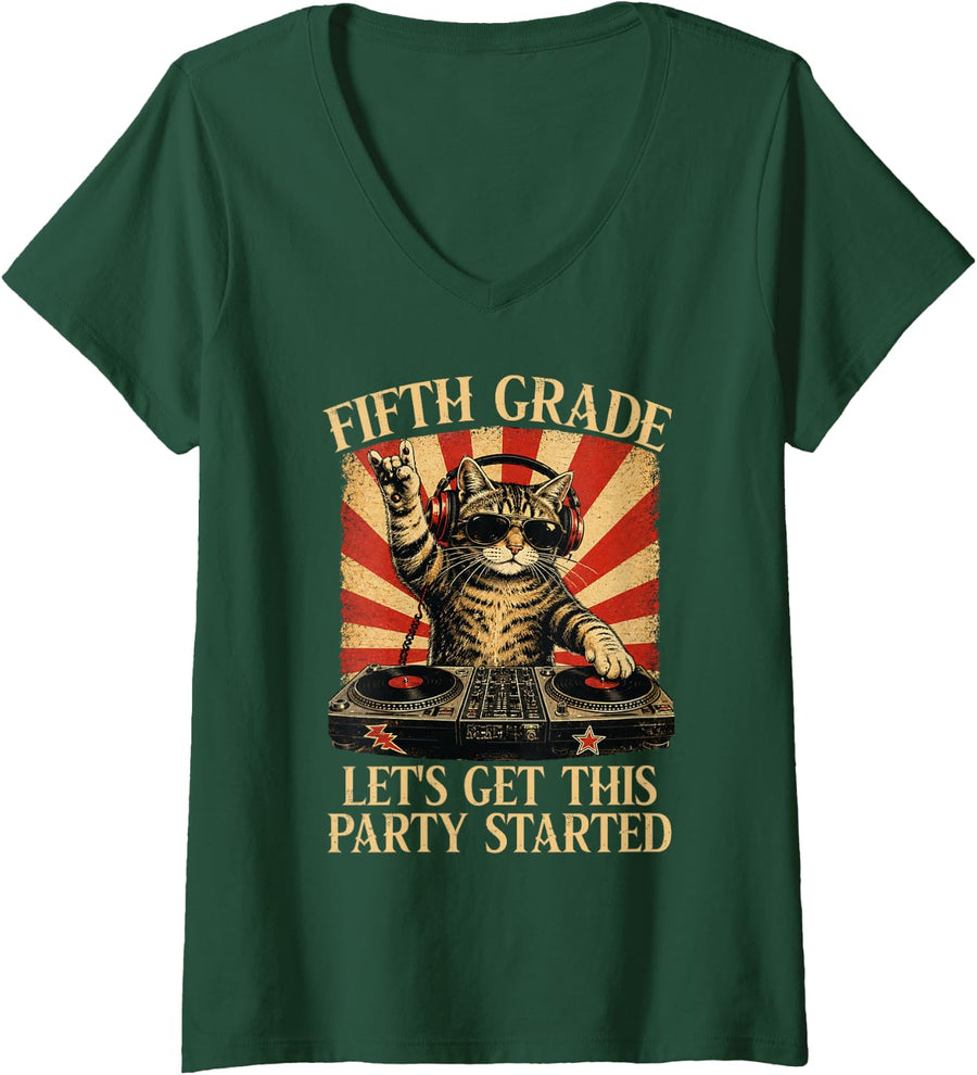 Women's 5th Grade Let's Get Party Started Cat Teacher Back to School V-Neck T-Shirt - Dark Green