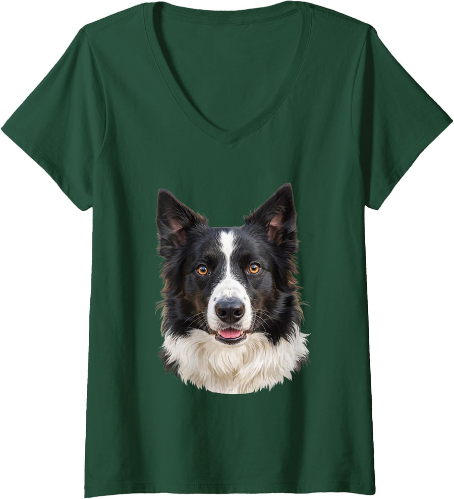 Women's Dog Pet Owner Art Design Border Collie Full Face Portrait V-Neck T-Shirt - Dark Green