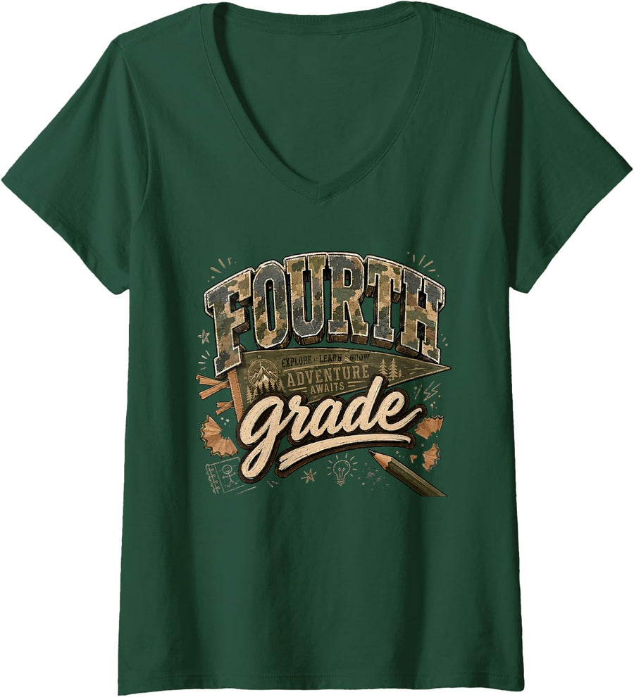 Women's Retro Camouflage Fourth Grade Squad V-Neck T-Shirt - Dark Green