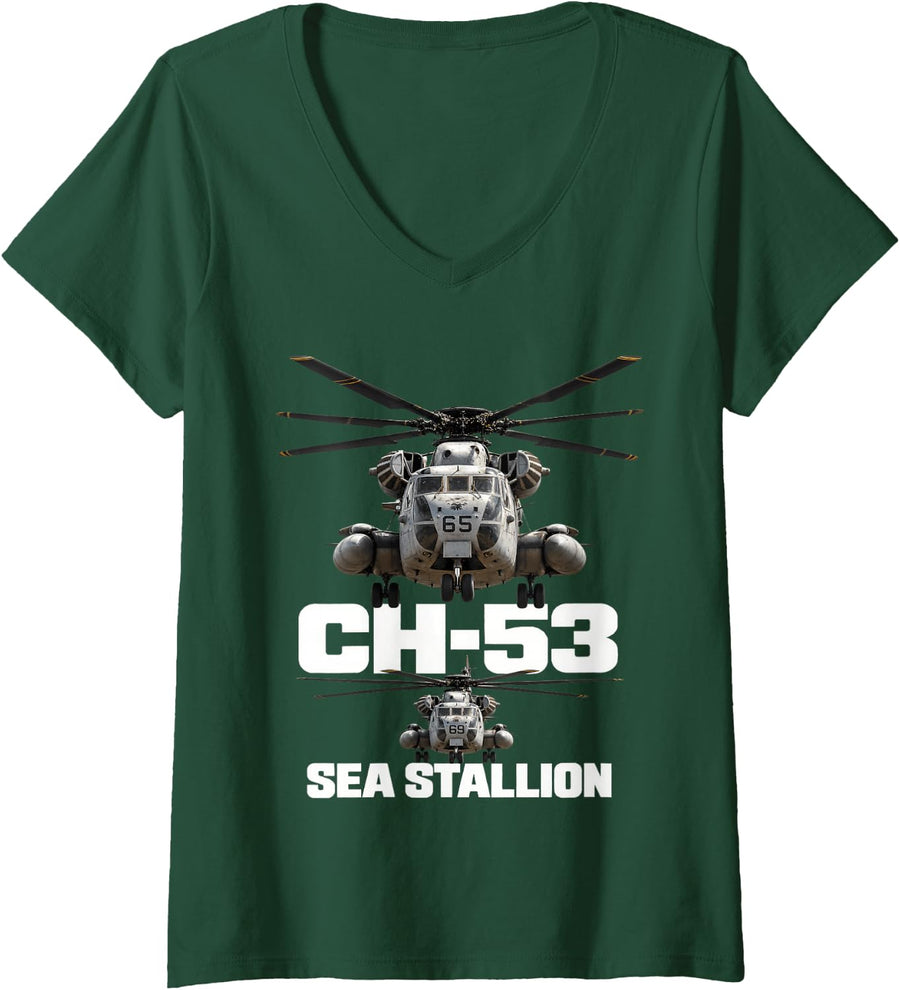 Women's Ch-53 Sea Stallion Two Helicopters V-Neck T-Shirt - Dark Green