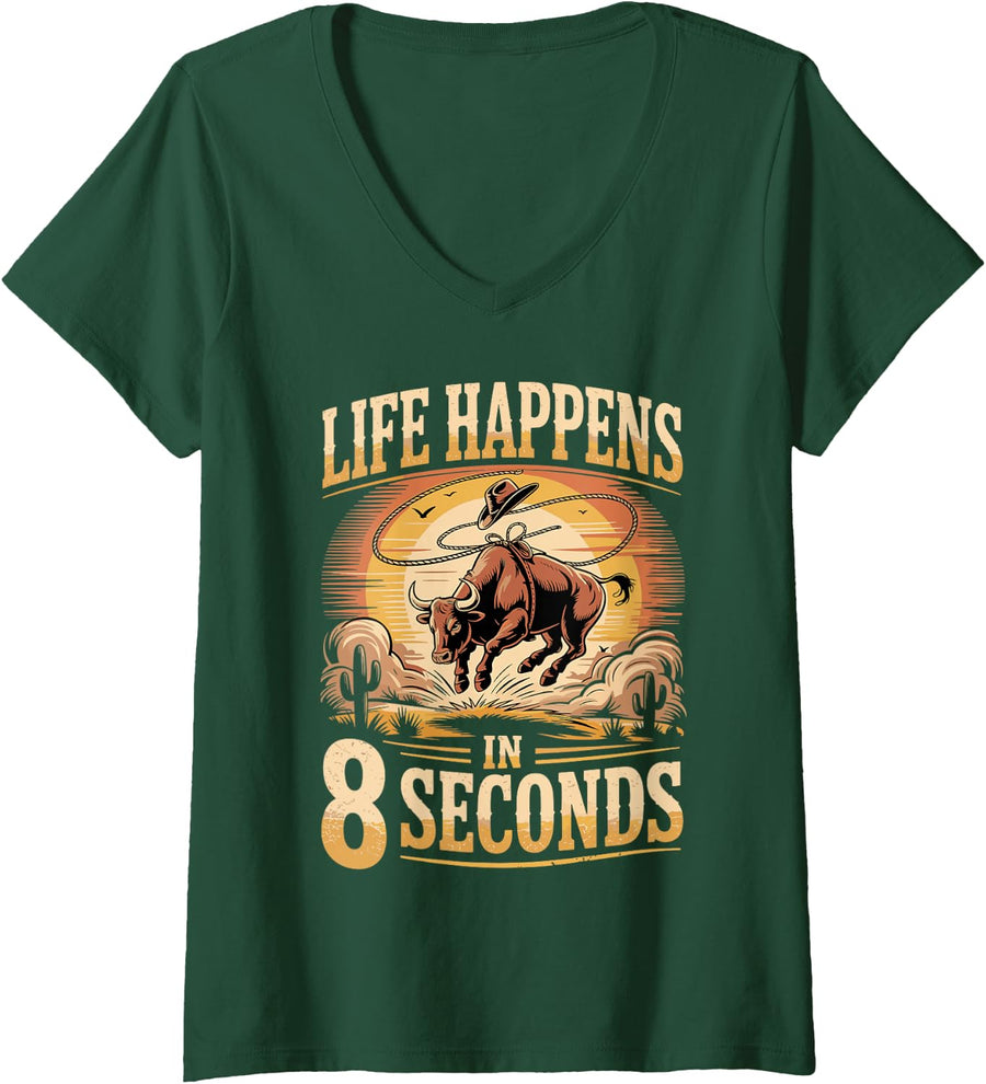 Women's Life Happens in 8 Seconds Bull Riding V-Neck T-Shirt - Dark Green