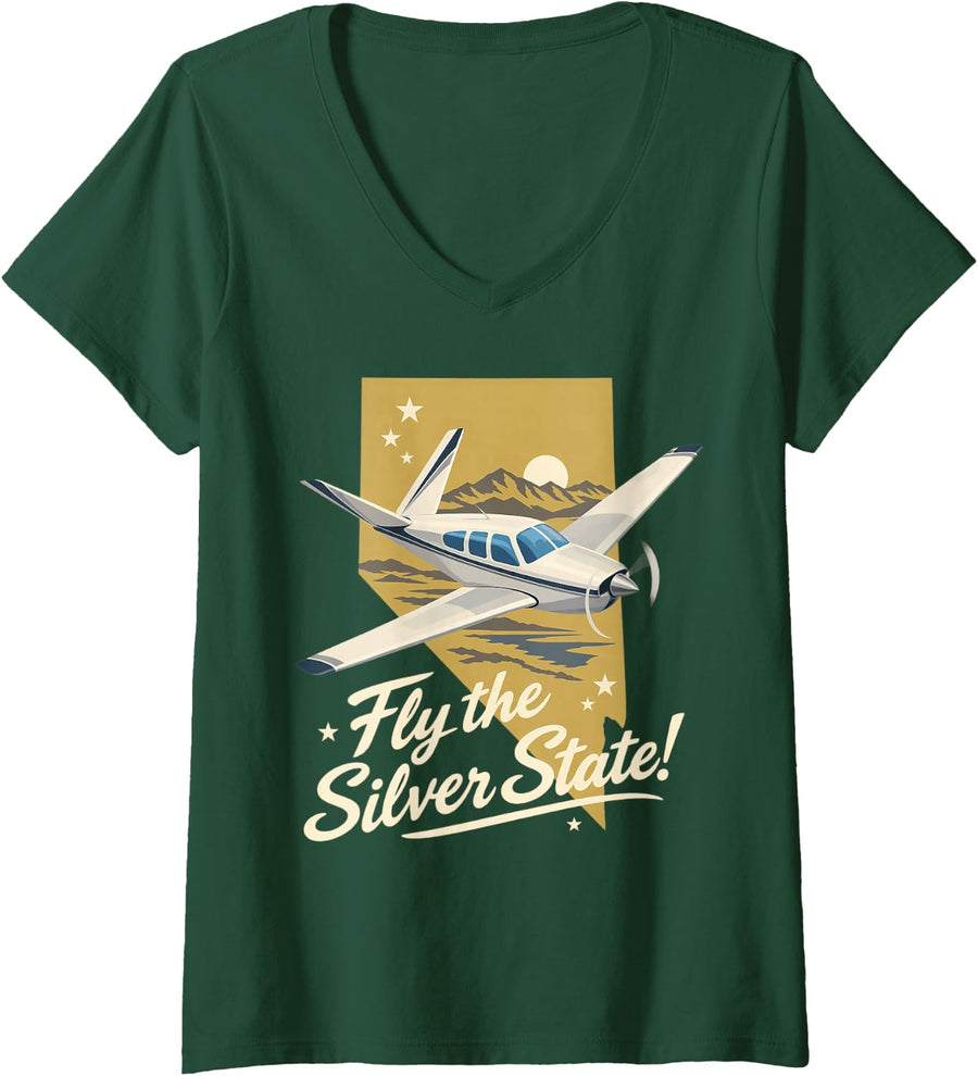 Women's Fly The Silver State! Bonanza Airplane V-Neck T-Shirt - Dark Green