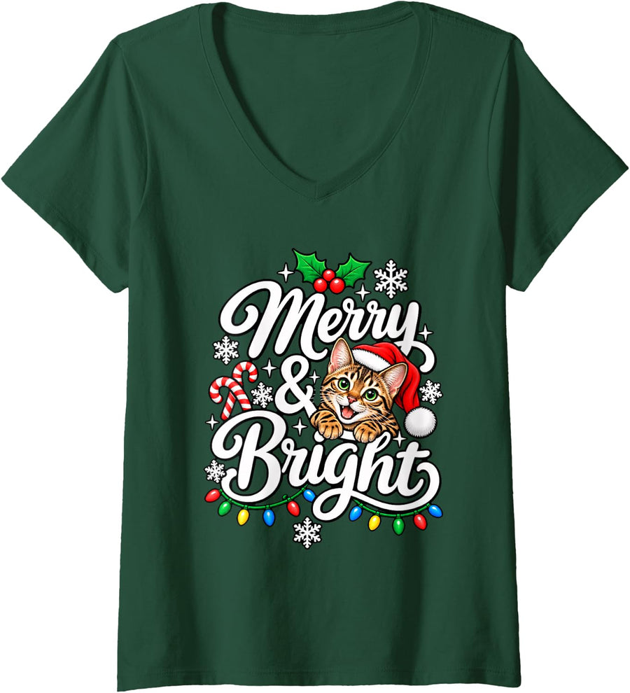 Women's Bengal Cat Merry Bright Christmas Xmas Santa Hat Mom Dad V-Neck T-Shirt - Dark Green