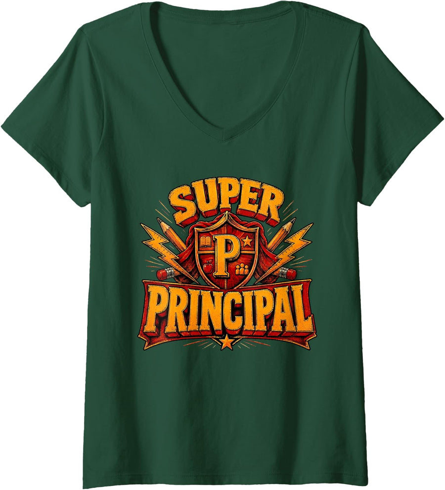 Women's Humor Super Principal Costume V-Neck T-Shirt - Dark Green