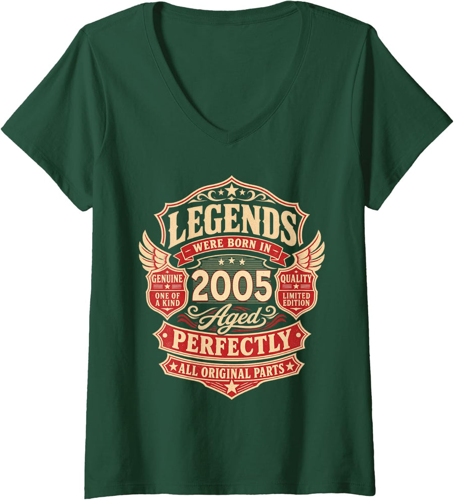 Women's 21st Birthday Gift Man Woman Legend Vintage 2005 21 Years V-Neck T-Shirt - Dark Green