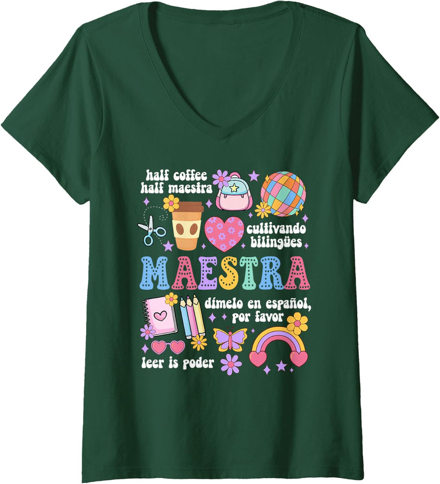 Womens Groovy Maestra De Español Spanish Teacher Maestra Bilingue V-Neck T-Shirt - Dark Green