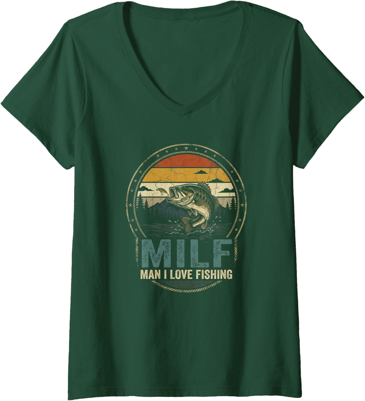 Women's Fishing Girl Angler Challenge Largemouth Bass Lake Humor V-Neck T-Shirt - Dark Green