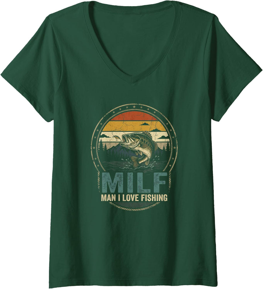 Women's Fishing Girl Angler Challenge Largemouth Bass Lake Humor V-Neck T-Shirt - Dark Green