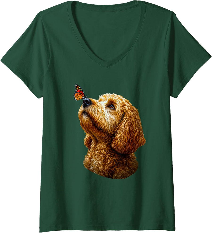 Women's Cute Goldendoodle Butterfly On Nose Dog Lover V-Neck T-Shirt - Dark Green