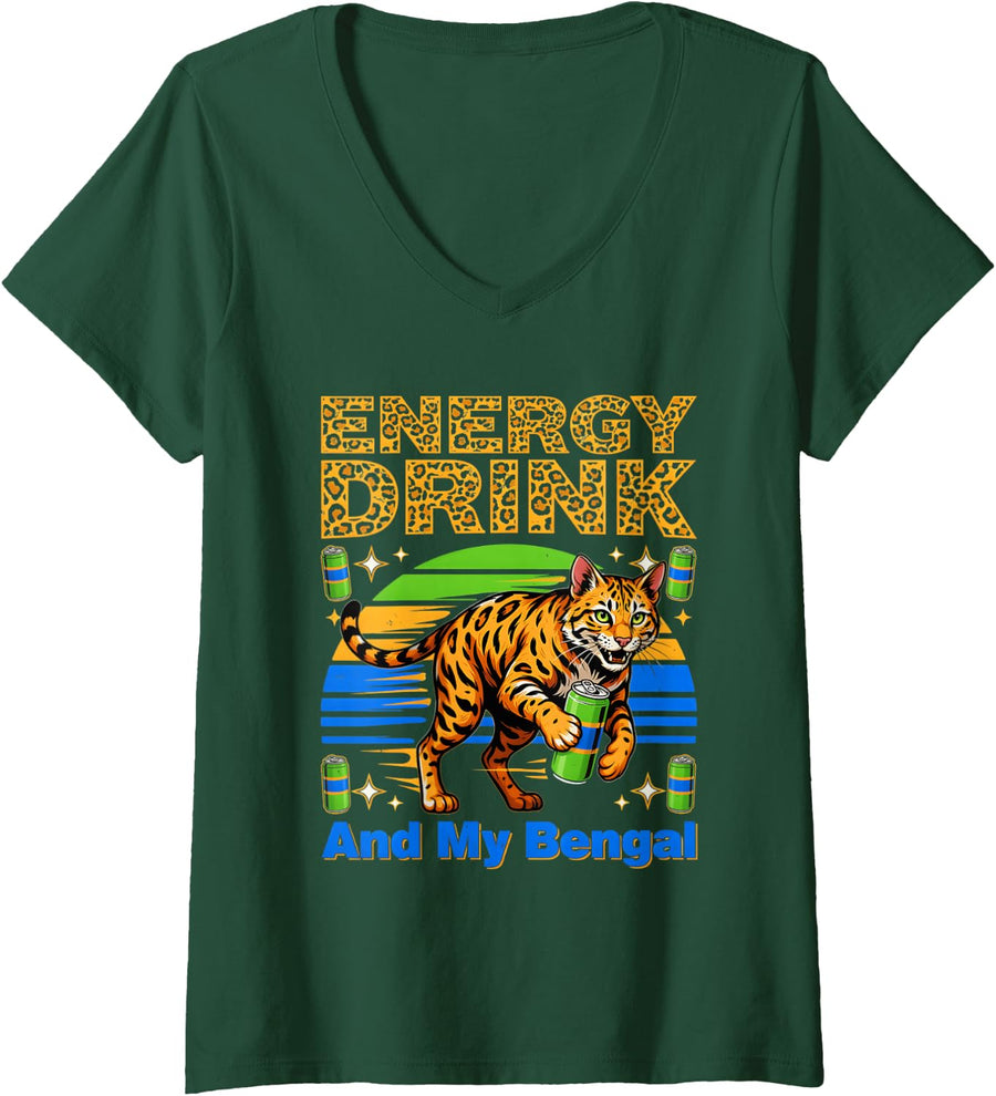 Women's Energy Drink and My Bengal Cat Owner Humor V-Neck T-Shirt - Dark Green