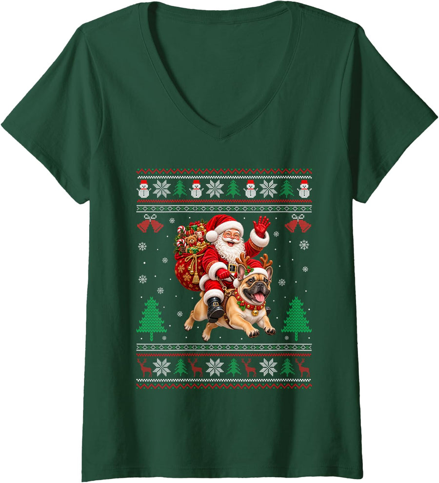 Women's French Bulldog Ugly Christmas Sweater Santa Riding Dog Xmas V-Neck T-Shirt - Dark Green