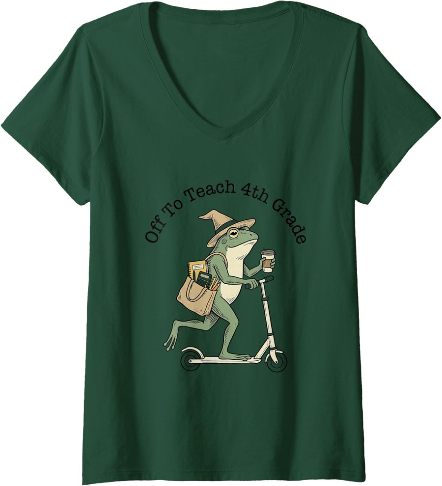 Women's Off to Teach 4TH Grade Funny Frog Scooter Classroom V-Neck T-Shirt - Dark Green
