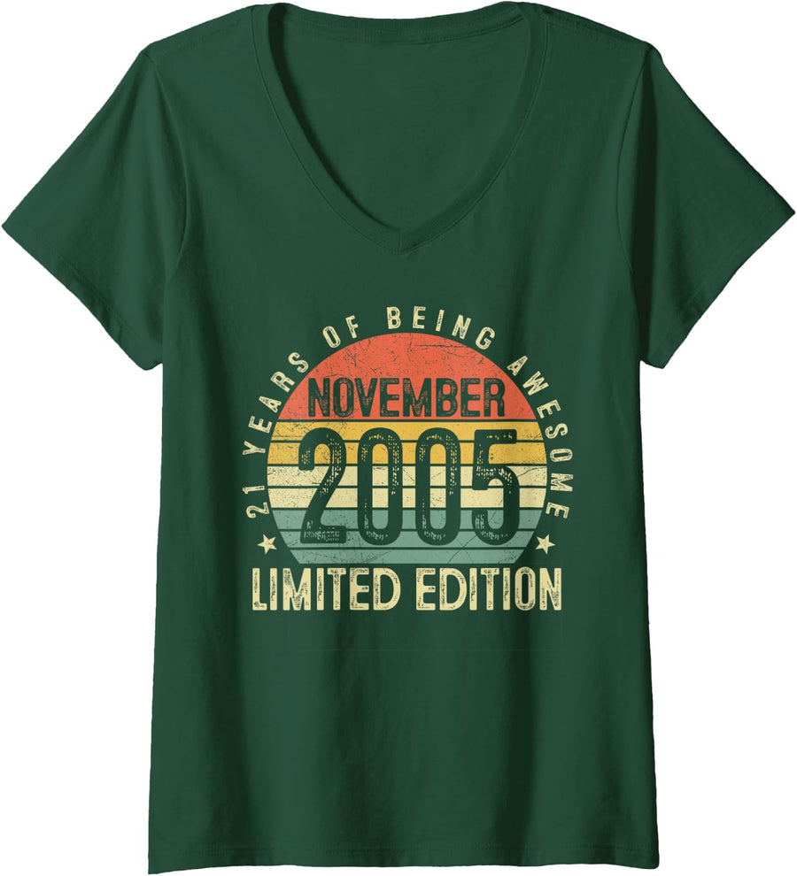 Women's 21 Years Old November 2005 Vintage 21st Birthday for Men Boy V-Neck T-Shirt - Dark Green