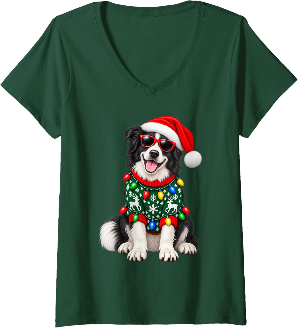 Women's Border Collie Christmas Sweater Santa Hat Sunglasses Dog V-Neck T-Shirt - Dark Green
