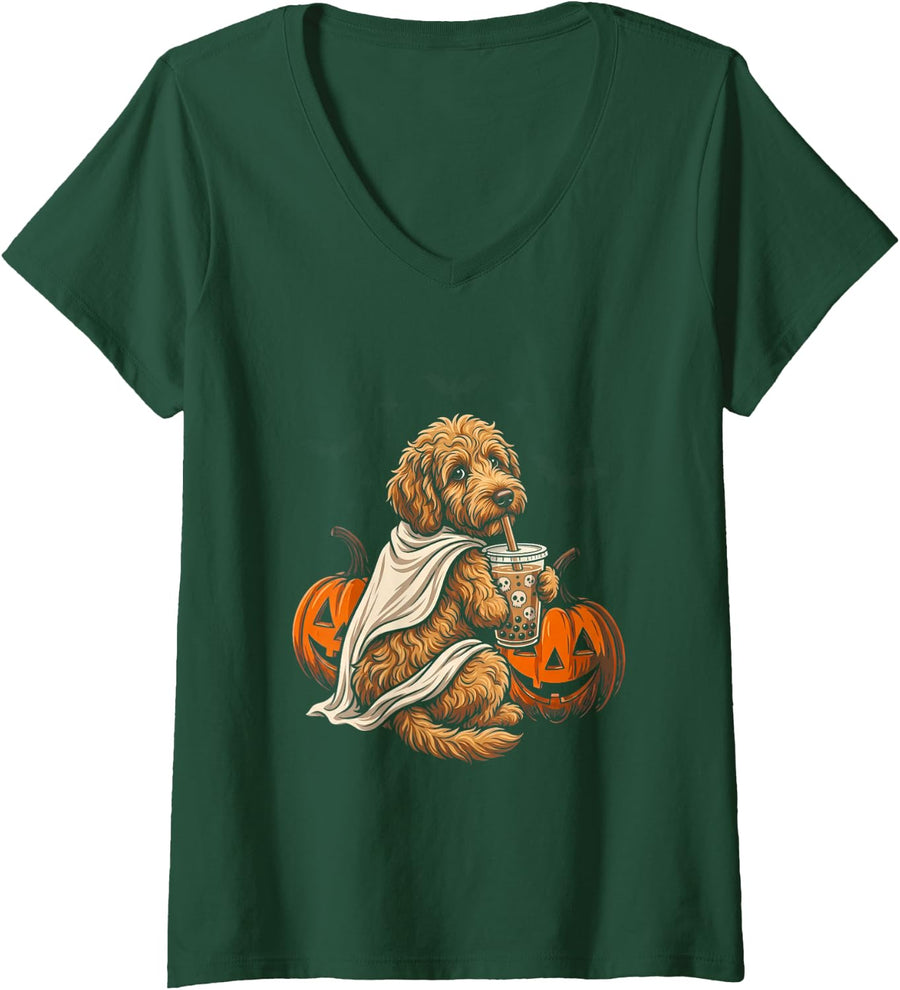 Women's Halloween Goldendoodle Spooky Boba Pumpkin Ghost V-Neck T-Shirt - Dark Green