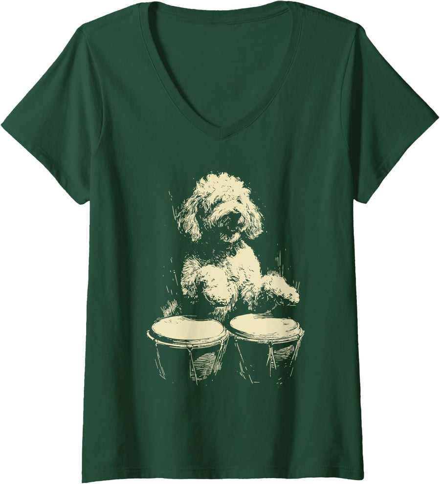 Women's Goldendoodle Playing Bongo Drums Funny Dog Percussionist V-Neck T-Shirt - Dark Green