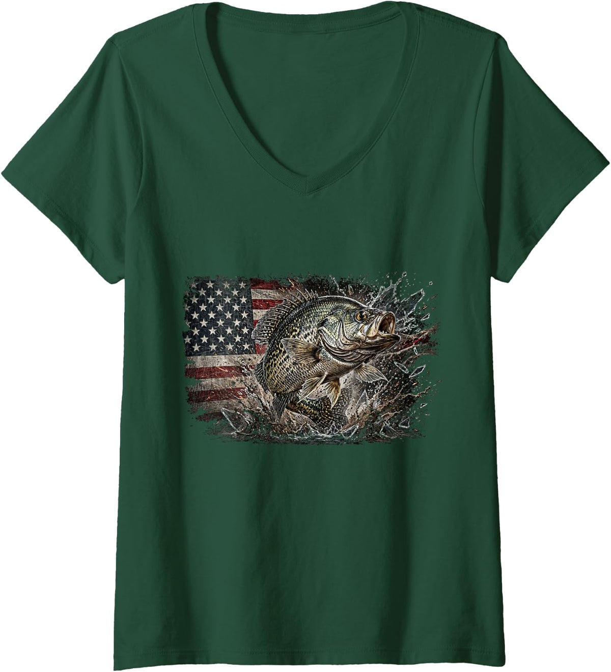 Women's Crappie Fishing American Flag USA Angler for Fisherman V-Neck T-Shirt - Dark Green