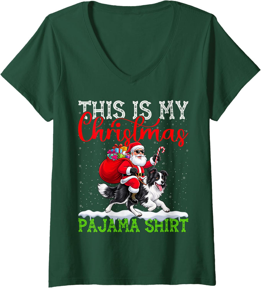 Women's This is My Border Collie Ugly Christmas Pajama Sweater Dog V-Neck T-Shirt - Dark Green