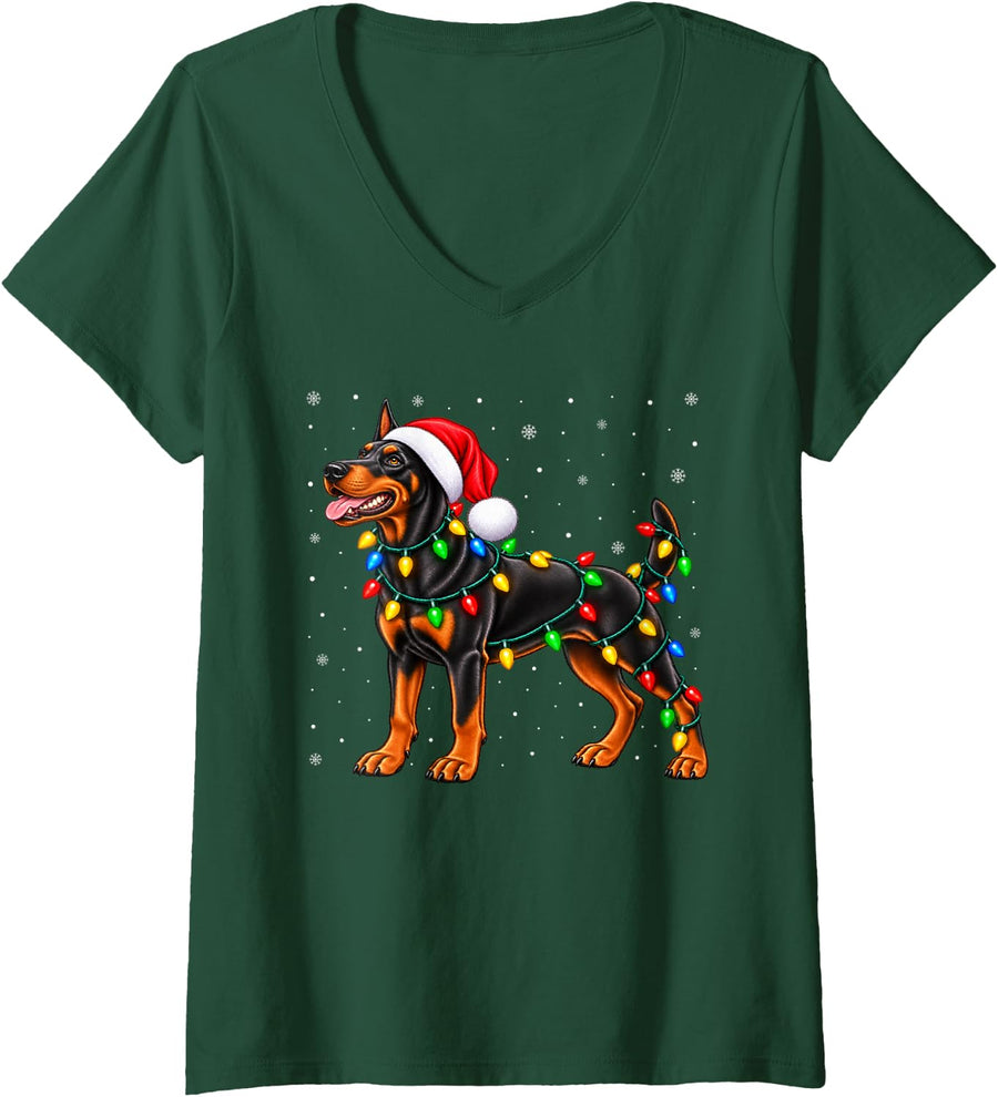 Women's Doberman Pinscher Christmas Santa Hat Xmas Pet Dog Lover V-Neck T-Shirt - Dark Green