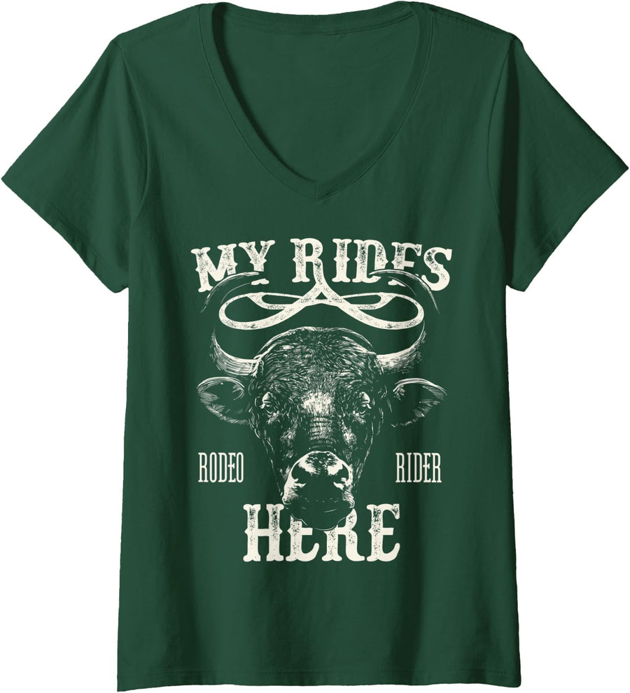 Womens Bull Riding PBR Rodeo Bull Riders Cowboys Western Ranch V-Neck T-Shirt - Dark Green