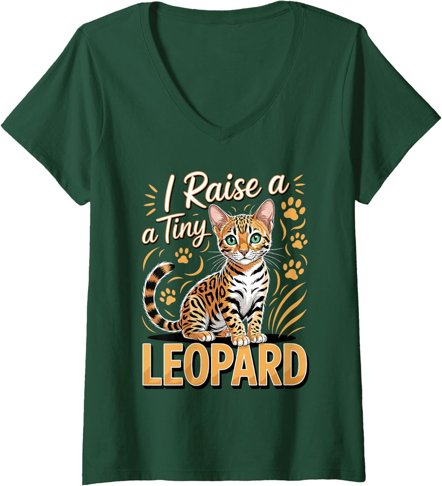 Women's I Raise a Tiny Leopard Bengal Cat Exotic Cat Lover V-Neck T-Shirt - Dark Green