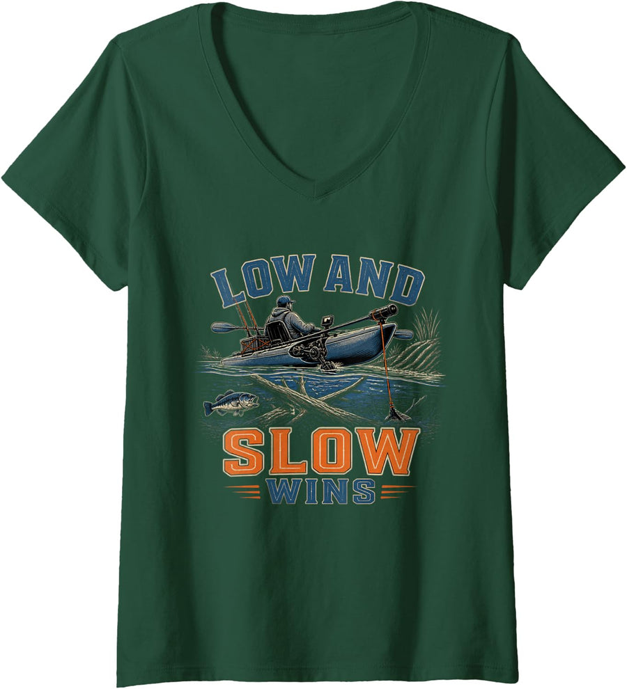 Women's Low and Slow Wins Kayak Fishing Kayak Angler Paddle Bass V-Neck T-Shirt - Dark Green