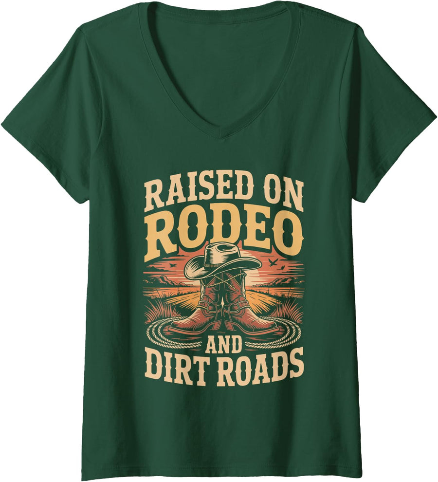 Women's Raised On Rodeo and Dirt Roads V-Neck T-Shirt - Dark Green