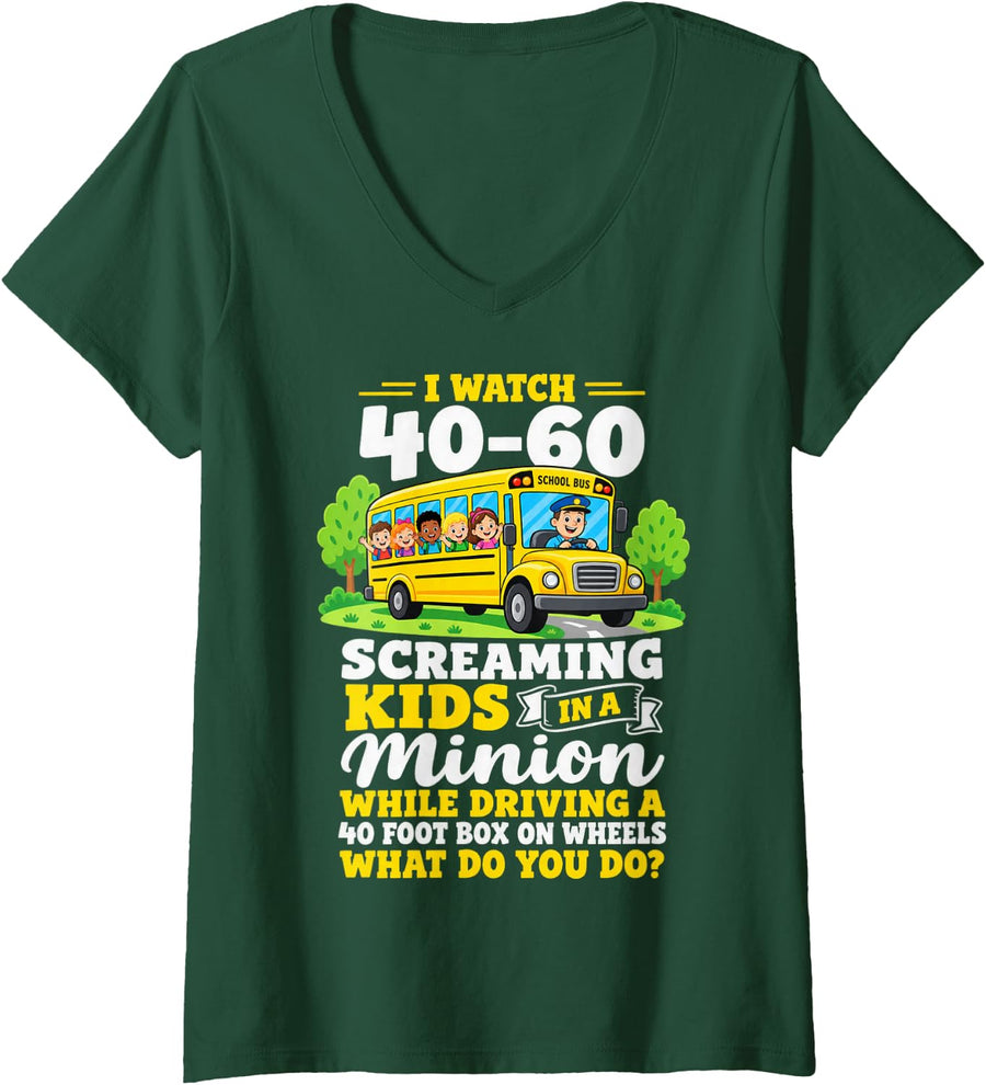 Women's Cute Cartoon School Bus Driver with Happy Kids V-Neck T-Shirt - Dark Green