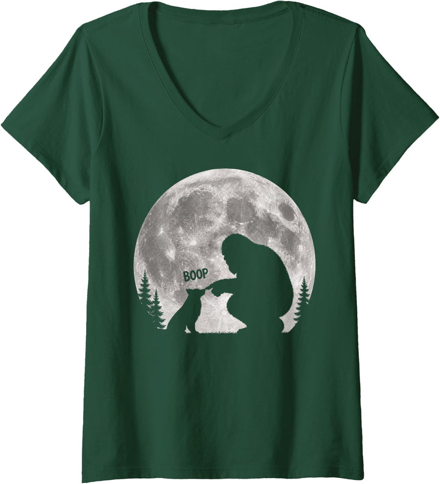 Women's Bigfoot Boop Dog Nose Border Collie Moon Sasquatch V-Neck T-Shirt - Dark Green