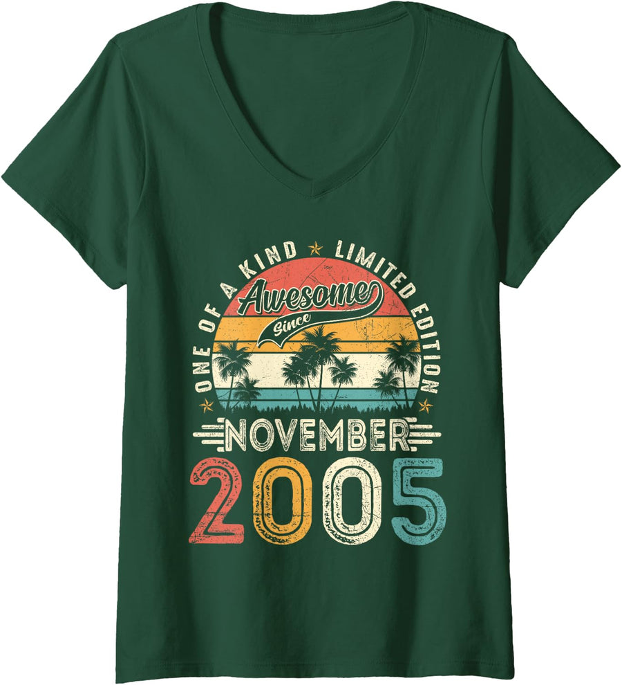 Women's 21 Years Old Awesome Since November 2005 21st Birthday Boys V-Neck T-Shirt - Dark Green