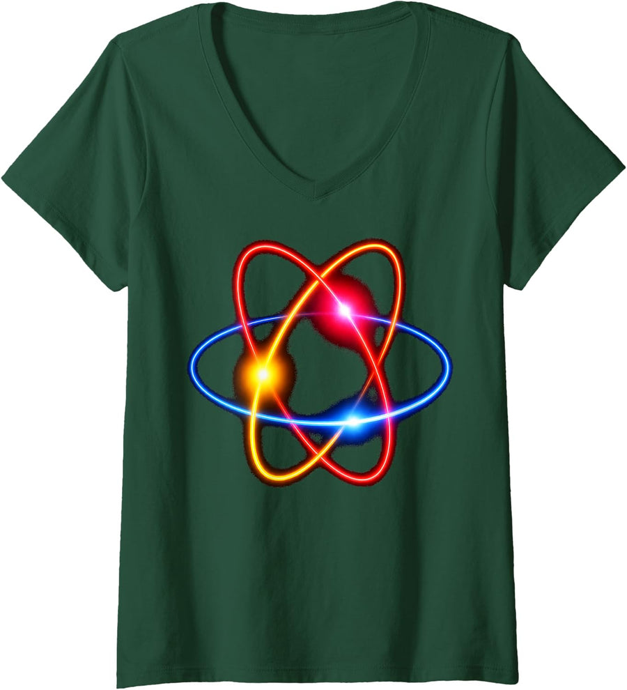 Women's Glowing Neon Atom Science Retro Rave STEM Design V-Neck T-Shirt - Dark Green