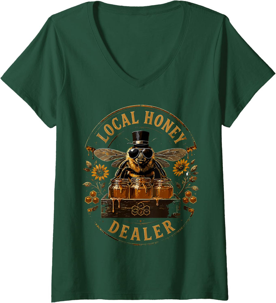 Women's Local Honey Dealer Beekeeping Honey Honeycomb Bees Beekeeper V-Neck T-Shirt - Dark Green