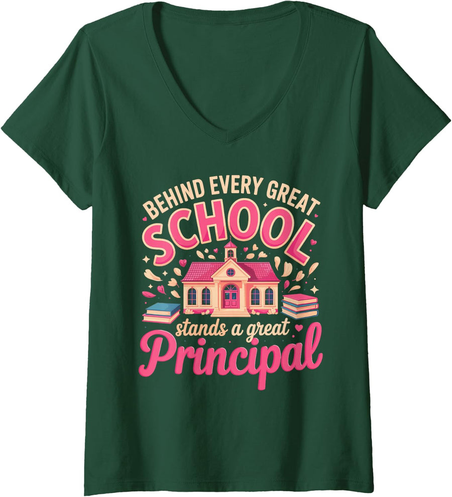 Women's Behind Every Great School Stands A Great Principal V-Neck T-Shirt - Dark Green