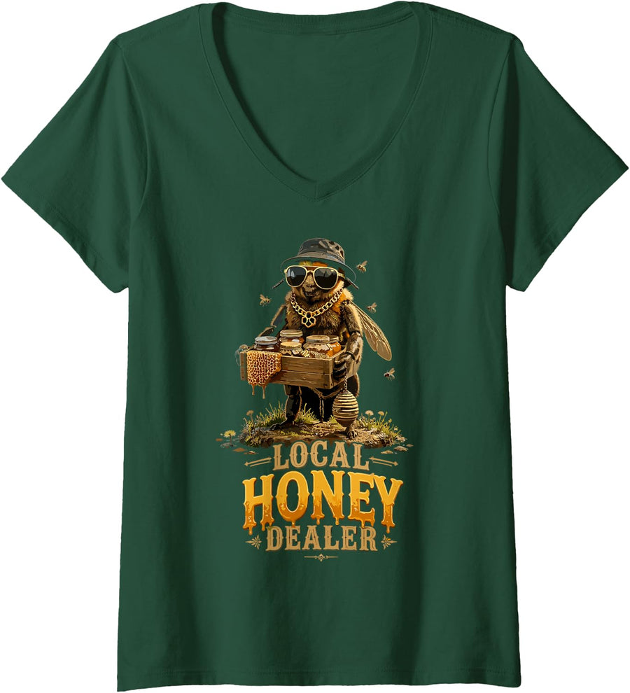 Women's Local Honey Dealer Beekeeping Honey Bees Beekeeper V-Neck T-Shirt - Dark Green
