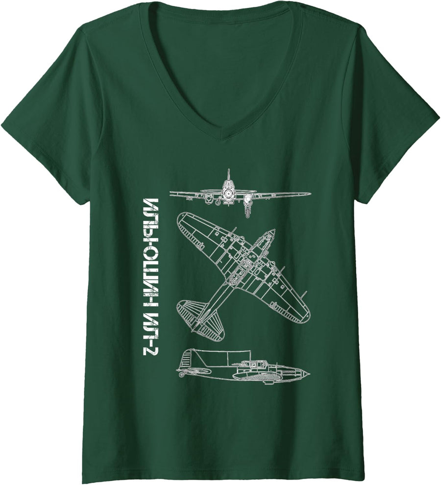 Women's Ilyushin Il 2 WW2 Fighter Russian Airplane Blueprint V-Neck T-Shirt - Dark Green