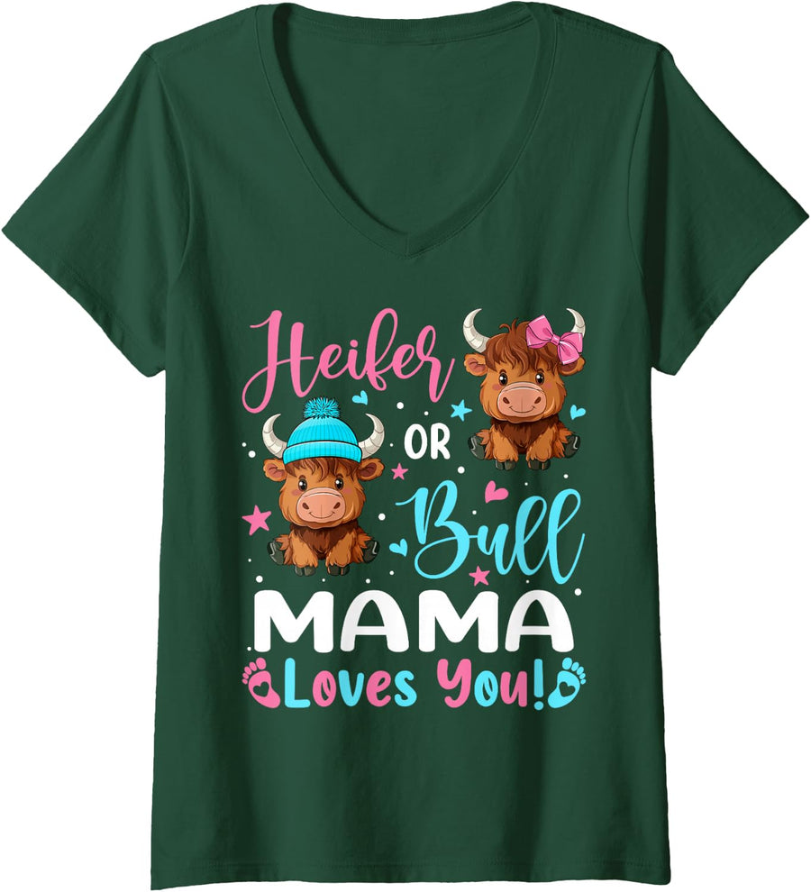 Women's Bull or Heifer Mama Loves You Highland Cow Lover V-Neck T-Shirt - Dark Green