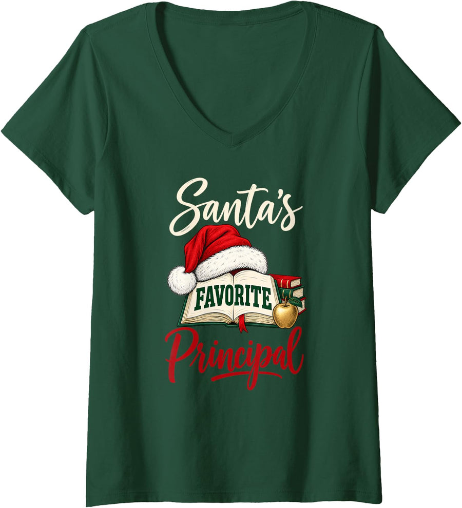 Women's Santa's Favorite Principal Christmas School V-Neck T-Shirt - Dark Green