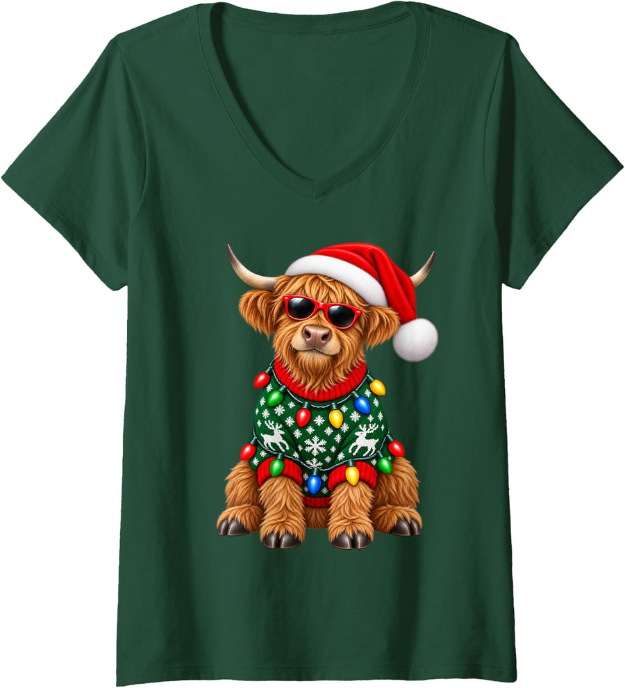 Women's Highland Cow Christmas Sweater Santa Hat Sunglasses Animal V-Neck T-Shirt - Dark Green