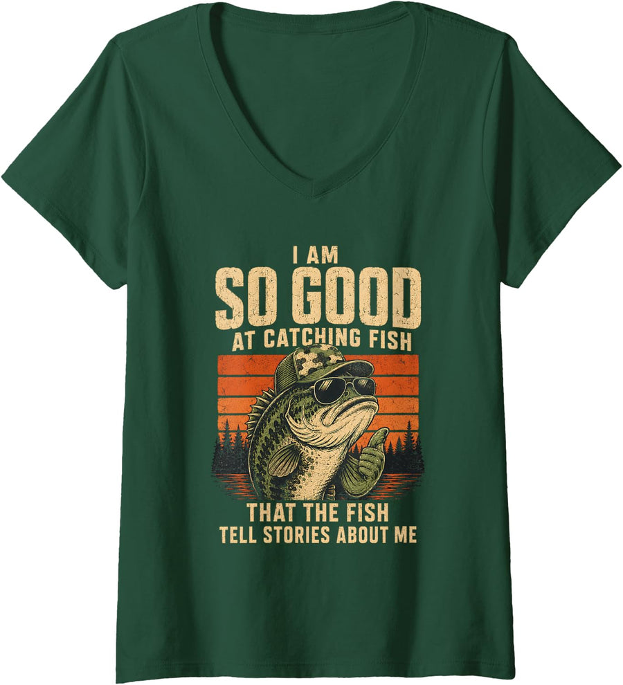 Women's So Good At Catching Bass Funny Fisherman Fish Lake Stories V-Neck T-Shirt - Dark Green