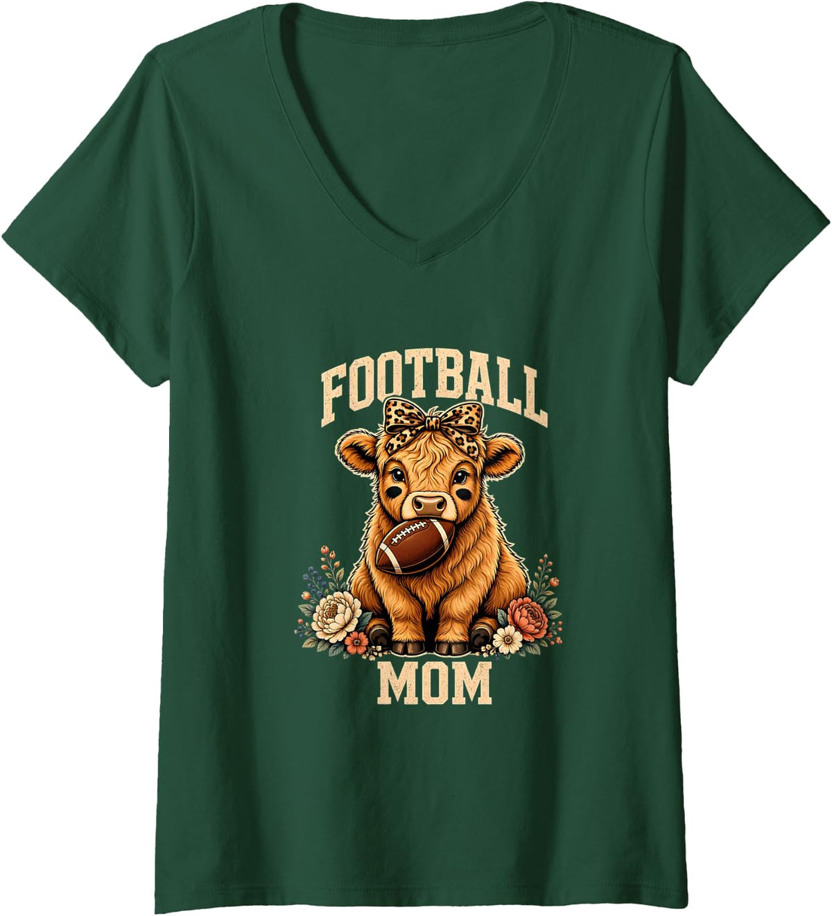 Women's Football Mom Floral Highland Cow Game Day Womens V-Neck T-Shirt - Dark Green