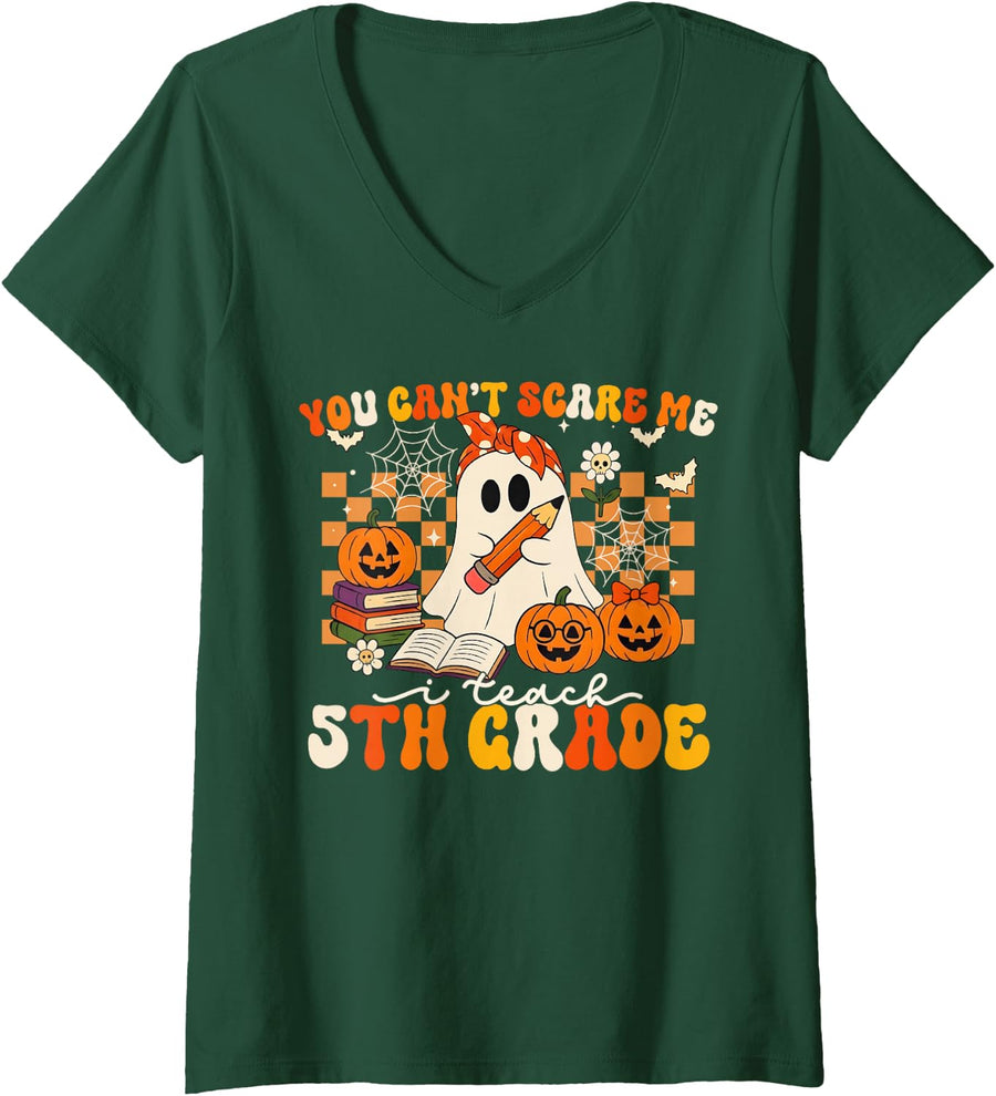Women's You Can't Scare Me I Teach 5th Grade Halloween Ghost Teacher V-Neck T-Shirt - Dark Green