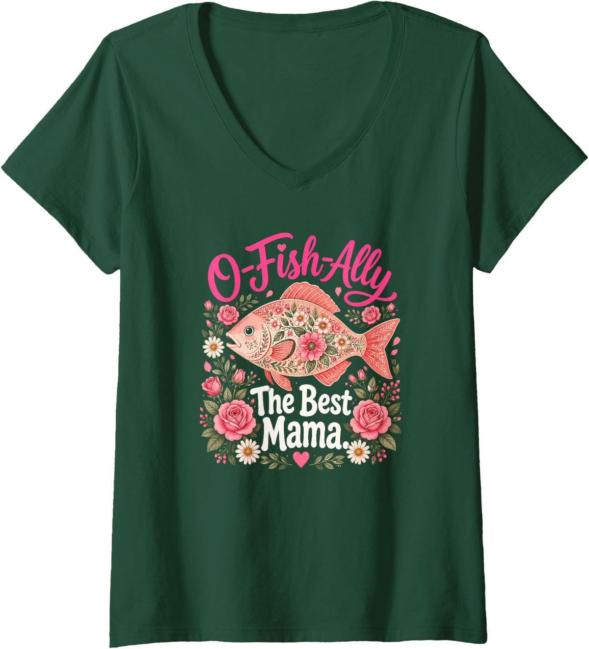 Women's Floral Largemouth Bass Fishing Girl Angler Lake Outdoors V-Neck T-Shirt - Dark Green