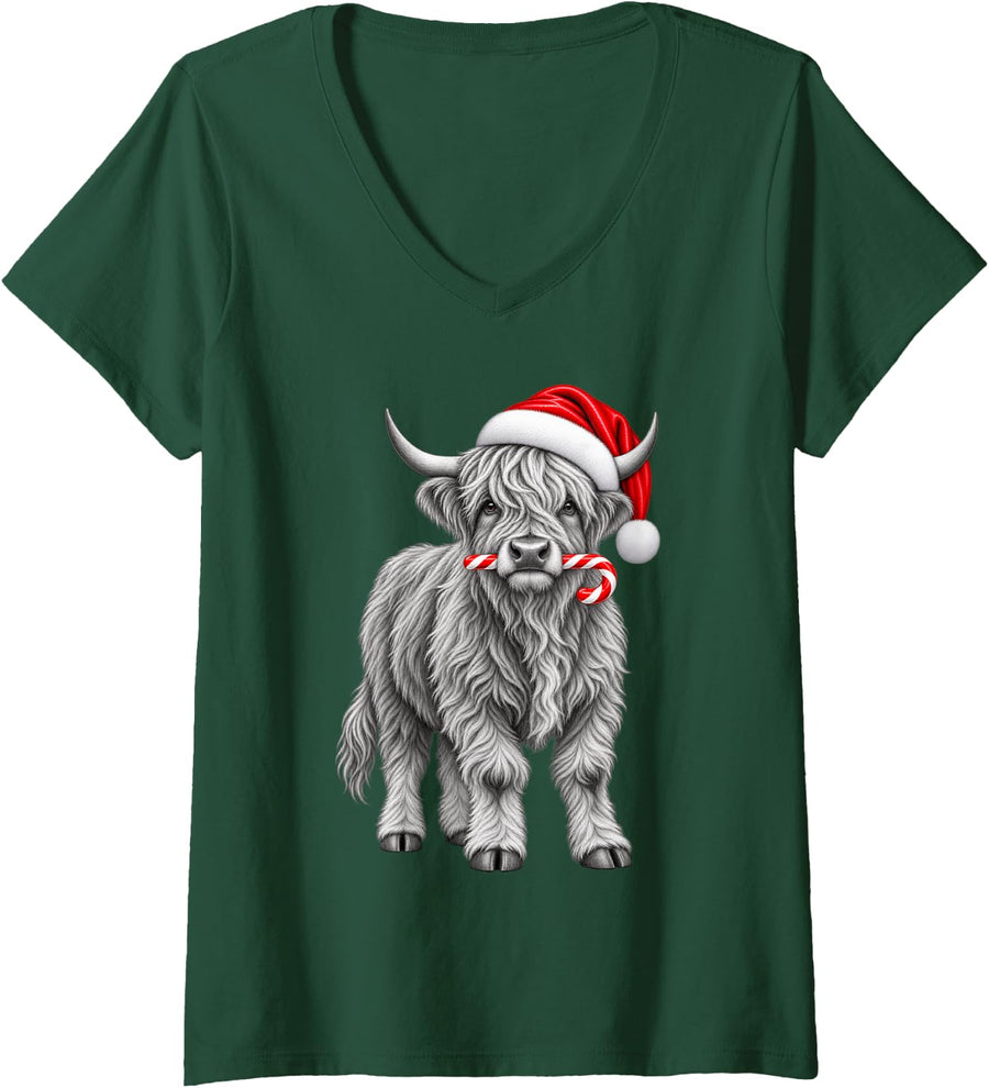 Women's Highland Cow Christmas Santa Hat Candy Cane Xmas Animal V-Neck T-Shirt - Dark Green