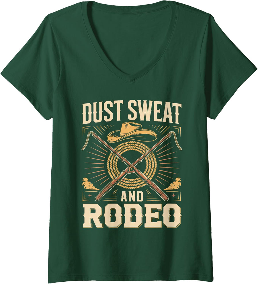 Women's Dust Sweat and Bull Riding V-Neck T-Shirt - Dark Green
