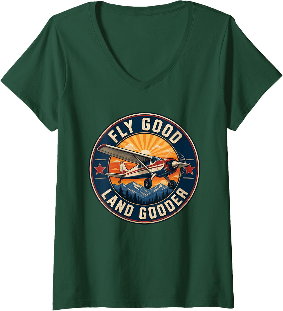Women's Fly Good Land Gooder Aviation Flight Enthusiast Airplane V-Neck T-Shirt - Dark Green