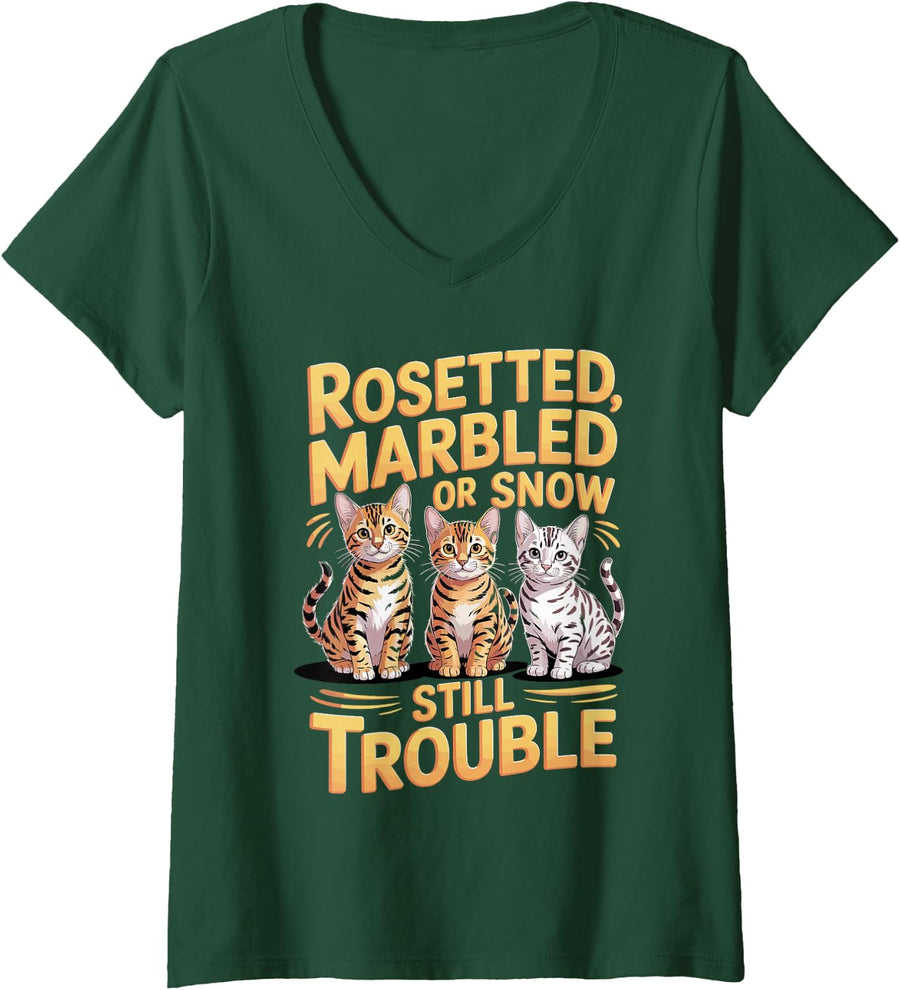 Women's Rosetted Marbled Or Snow Still Trouble Bengal Cat V-Neck T-Shirt - Dark Green