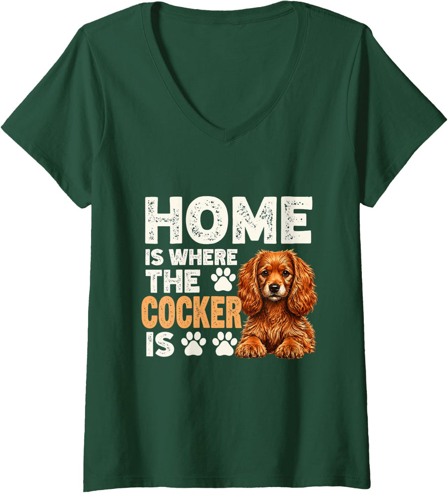 Women's Cocker Spaniel Home is Where the Cocker is Dog Lover Quote V-Neck T-Shirt - Dark Green