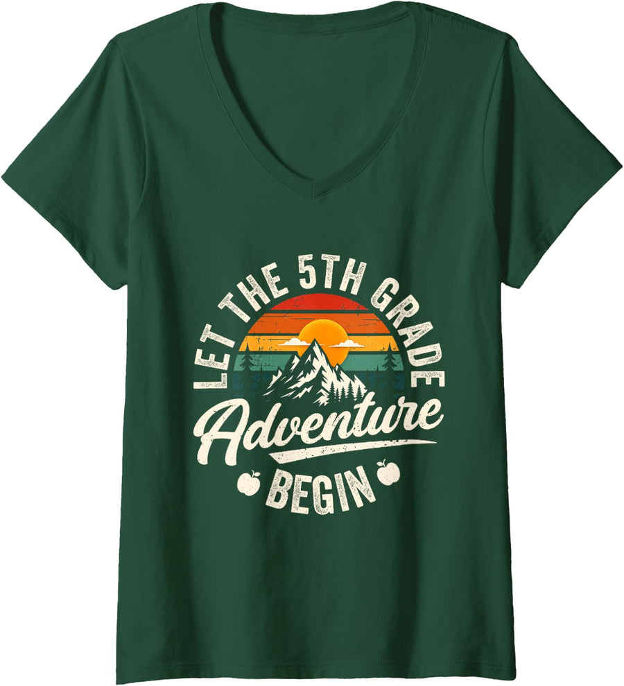 Women's Let The Fifth 5th Grade Adventure Begin First Day of School V-Neck T-Shirt - Dark Green