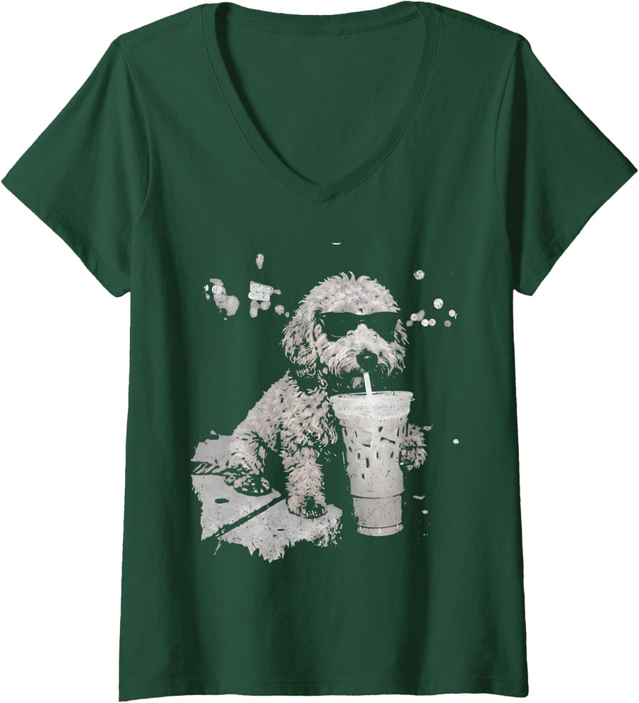 Women's Funny Goldendoodle Drinking Iced Coffee Sunglasses Graphic V-Neck T-Shirt - Dark Green